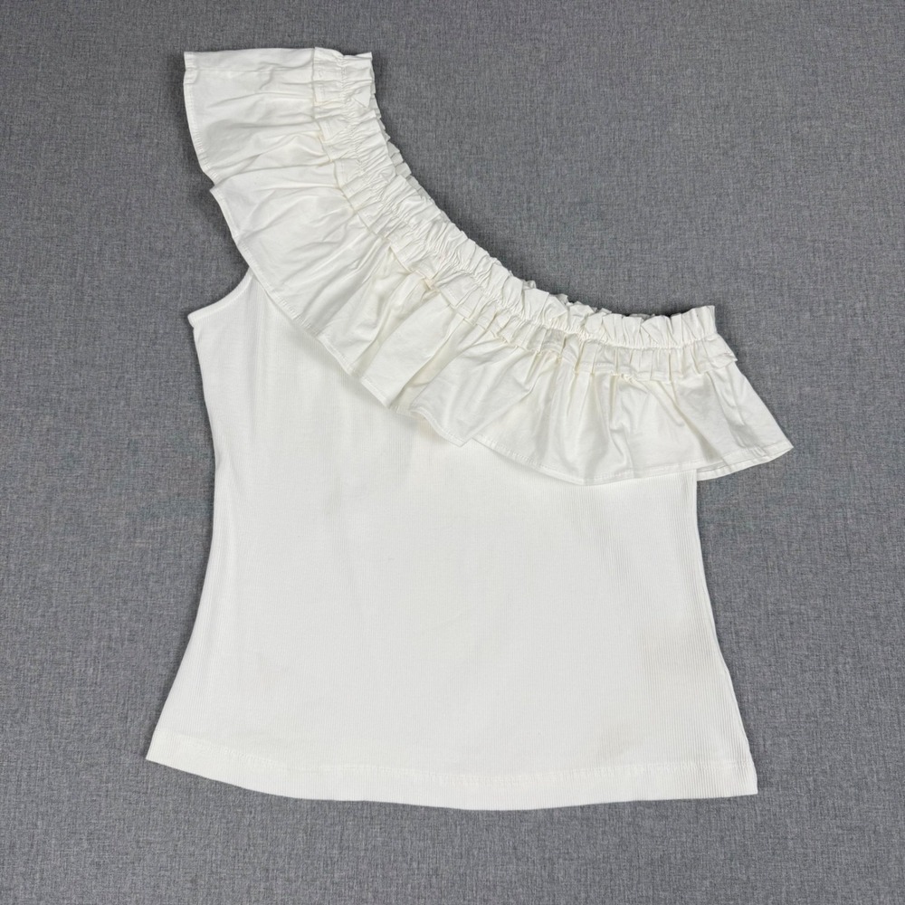 Porridge Anthropologie White One Shoulder Ruffle Ribbed Top Small NWT